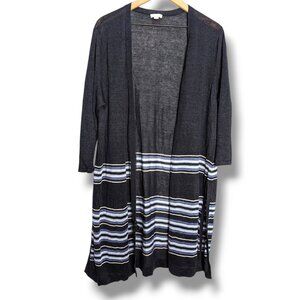 J Jill XL Cardigan Sweater Tie Waist Linen Blend Lightweight Blue Stripe Beach
